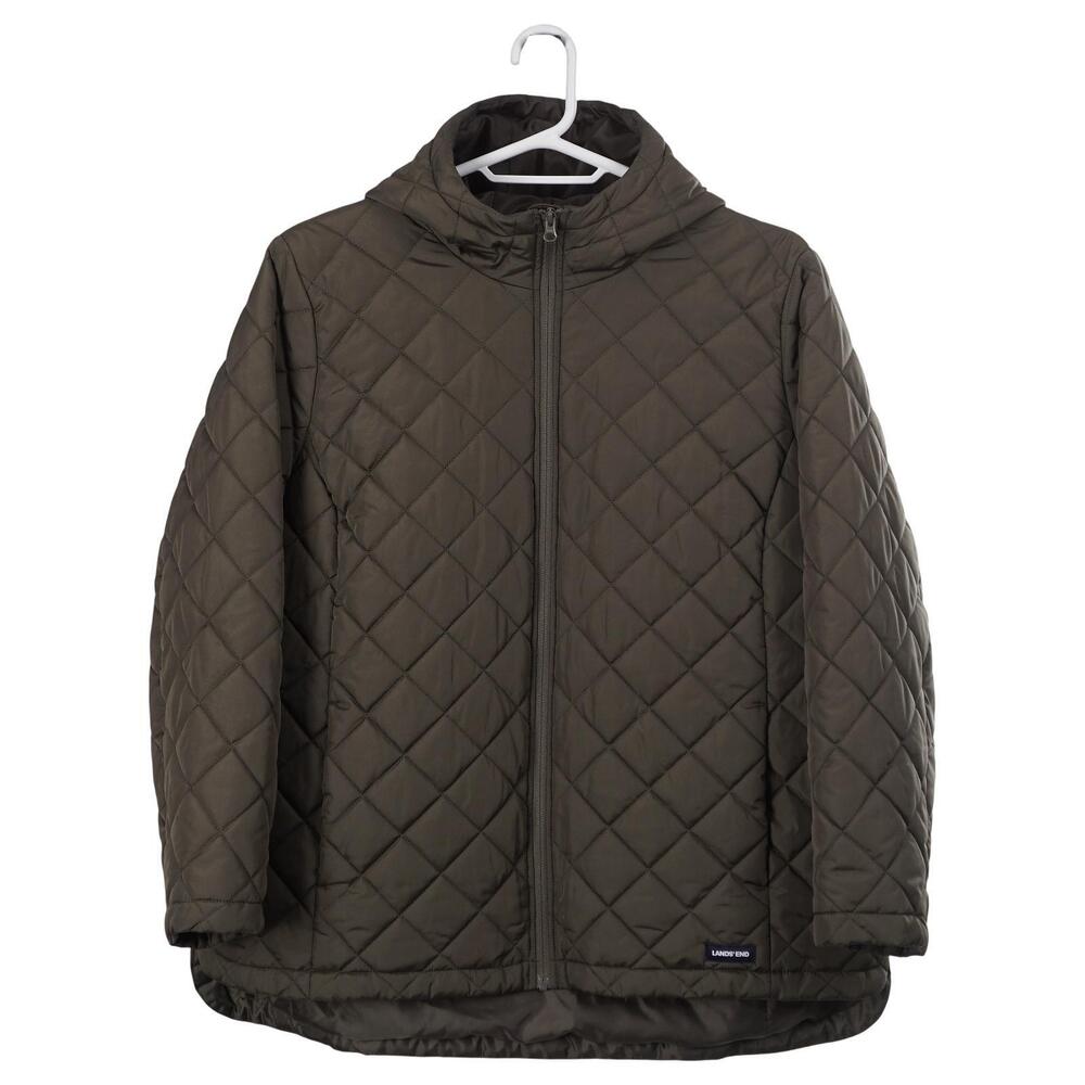 Lands' End Jacket Women 2X Olive Green Quilted Hooded Full Zip Pockets